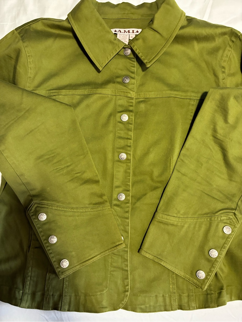 90s Olive Green Button-Front Military Jean Jacket Cotton Spandex Blend XL